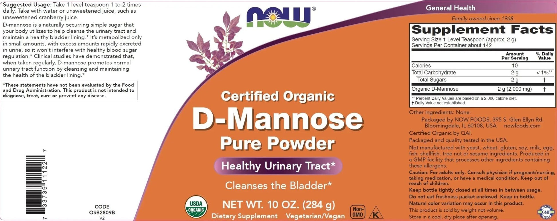 NOW Foods Pure, Organic D-Mannose 10 oz Powder (Pack of 2) - Bladder Cleanse and Urinary Tract Health Supplement - Non-GMO - Vegan Friendly - 2000mg / 2 Grams per Serving - PrimeBioHealth - canada supplements