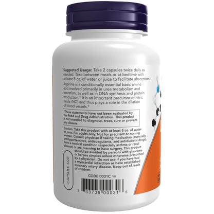 NOW Foods Supplements, L-Arginine 500 mg, Nitric Oxide Precursor*, Amino Acid, 250 Veg Capsules - PrimeBioHealth - canada supplements