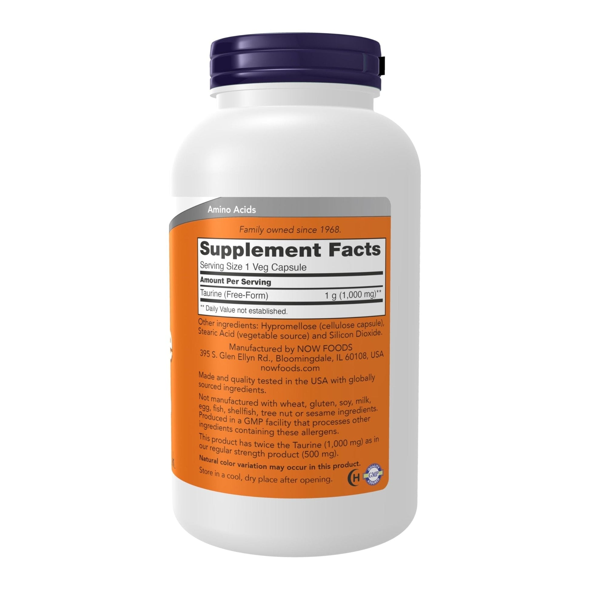 NOW Foods Supplements, Taurine 1,000 mg, Double Strength, Nervous System Health*, 250 Veg Capsules - PrimeBioHealth - canada supplements