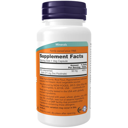 NOW Foods Supplements, Zinc Picolinate 50 mg, Supports Enzyme Functions*, Immune Support*, 120 Veg Capsules (Packaging may vary) - PrimeBioHealth - canada supplements
