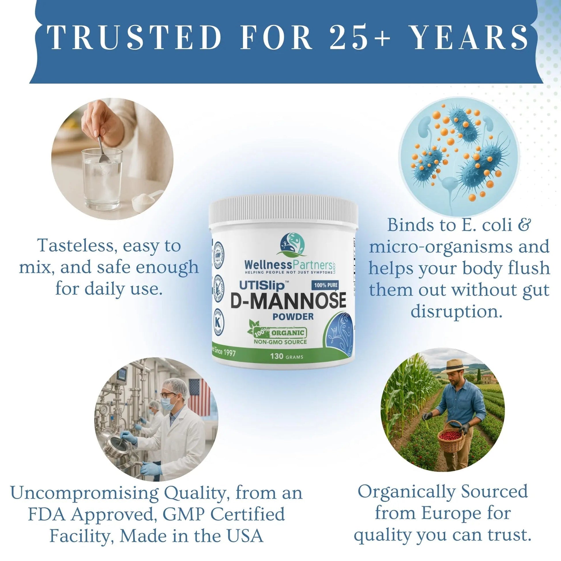 Now New UTI-Slip D Mannose Non GMO Organic Source Powder 130g jar. - PrimeBioHealth - canada supplements