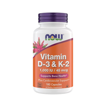 Now Supplements Vitamin D3 K2, 1,000 IU/45 mcg, Cardiovascular Support, Supports Bone Health, 180 Vegetarian Capsules - PrimeBioHealth - canada supplements