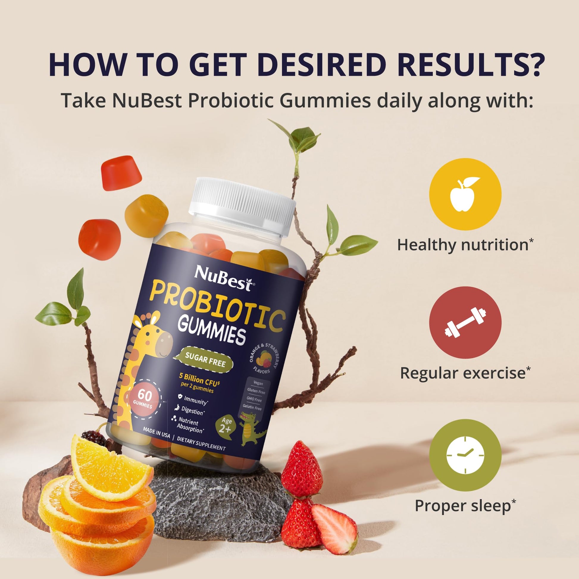 NuBest Daily Probiotic Gummies for Kids & Teens with 5 Billion CFUs | Supports Immune, Gut, and Digestive Health | No Added Sugar | Yummy Strawberry - PrimeBioHealth - canada supplements