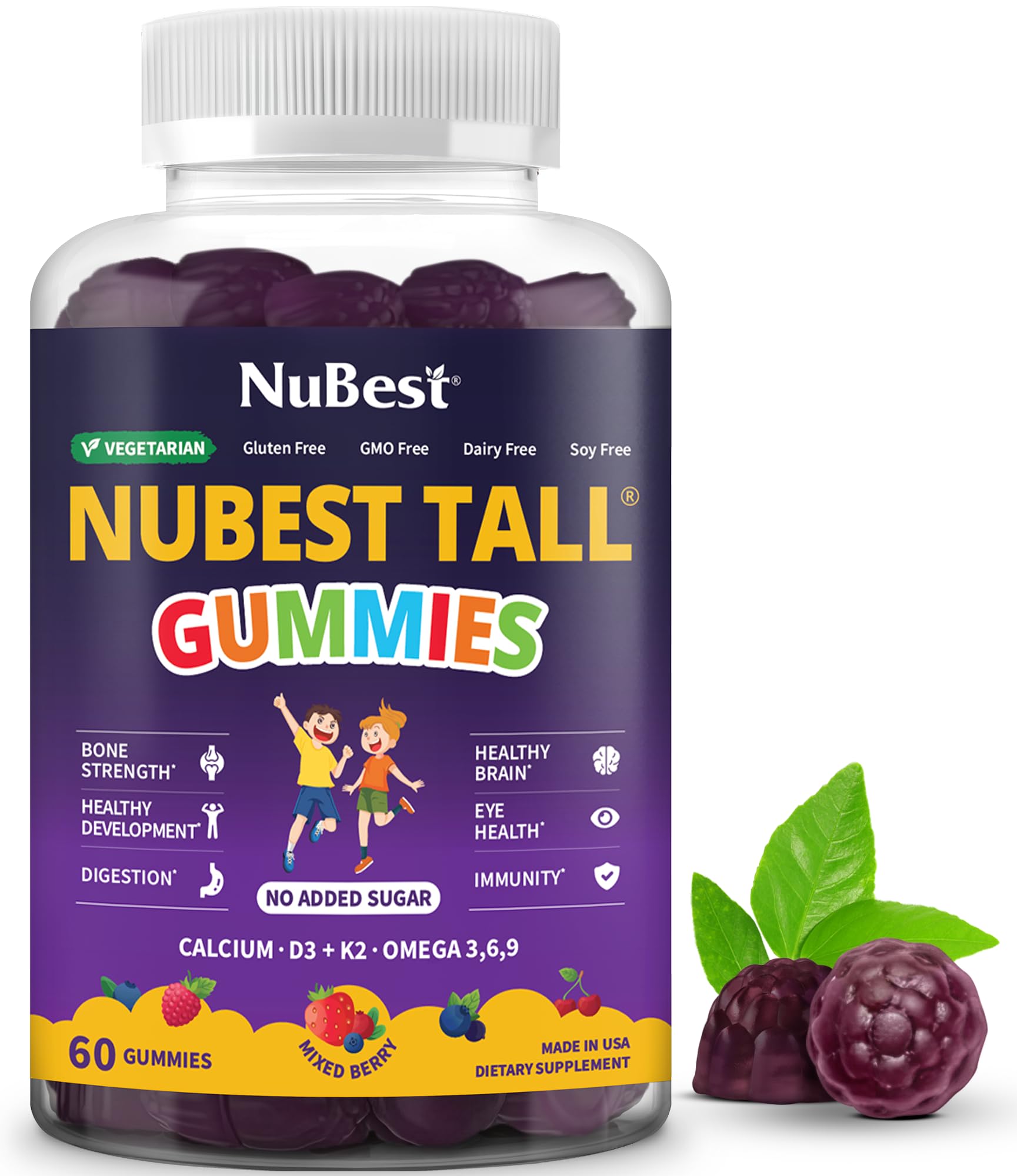 NuBest Tall Gummies for Kids Age 2+ & Teens | Bone Strength, Immunity, Digestive Health with Calcium, Vitamin D3, K2, B Complex, Magnesium, Zinc - PrimeBioHealth - canada supplements