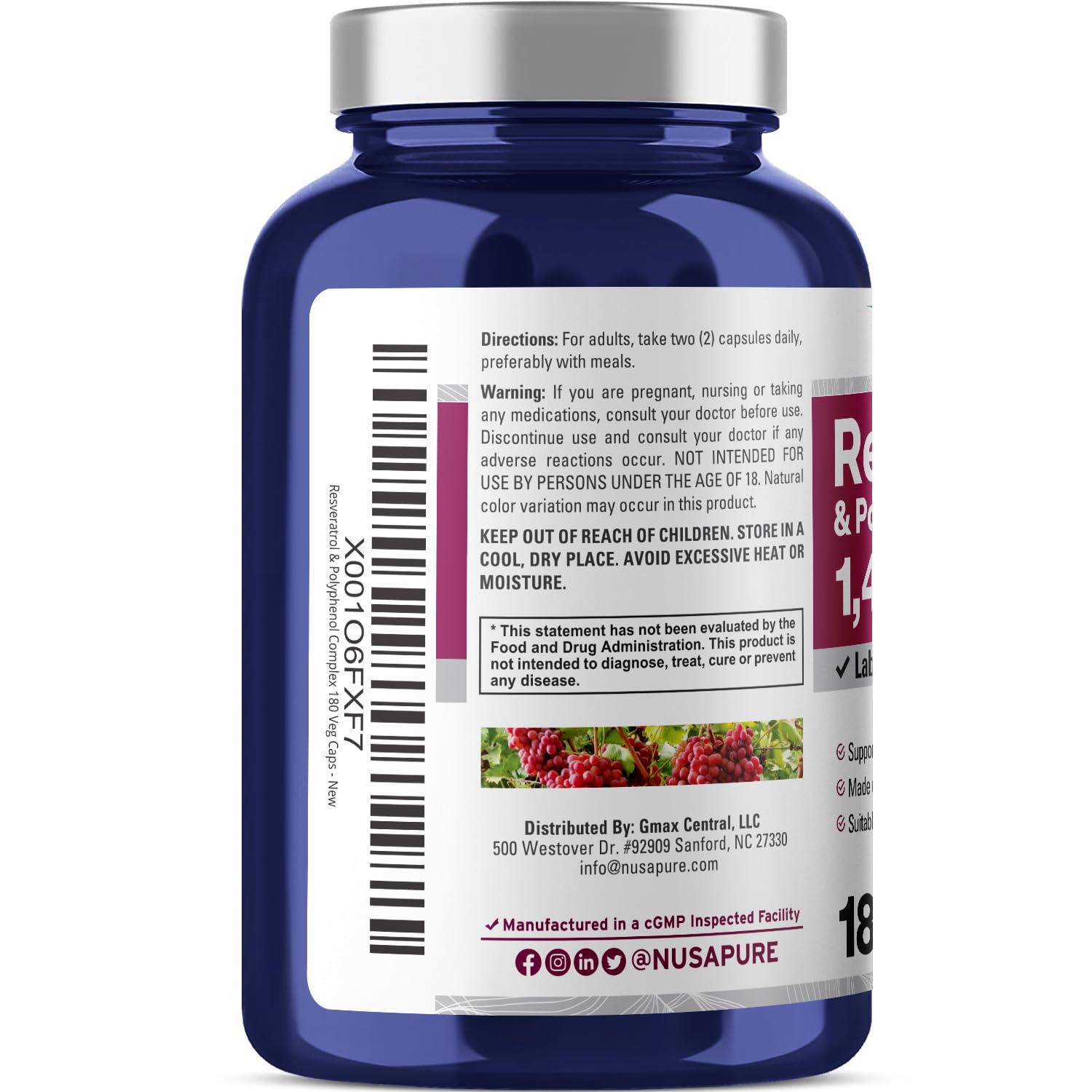 NusaPure Resveratrol & Polyphenol Complex 1450mg 180 Vegetarian Caps (Non-GMO, Vegan) Vitamin C - PrimeBioHealth - canada supplements