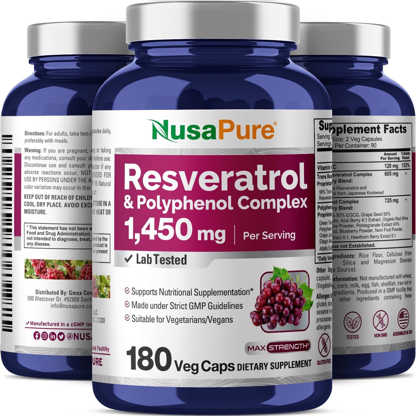 NusaPure Resveratrol & Polyphenol Complex 1450mg 180 Vegetarian Caps (Non-GMO, Vegan) Vitamin C - PrimeBioHealth - canada supplements