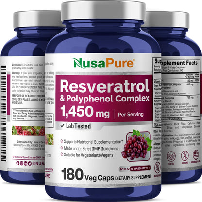 NusaPure Resveratrol & Polyphenol Complex 1450mg 180 Vegetarian Caps (Non-GMO, Vegan) Vitamin C - PrimeBioHealth - canada supplements