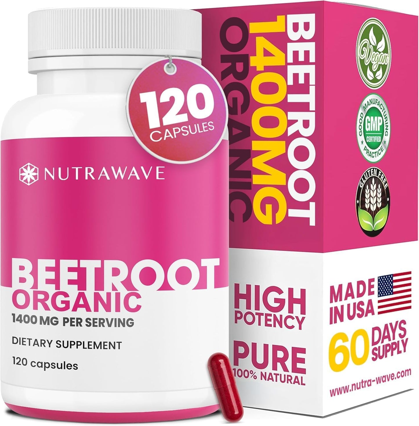 Nutra Wave 1400mg Organic Beet Root Capsules Per Serving – Nitric Oxide Booster for Men – Supports Blood Pressure, Energy, Circulation & Heart Health – Non-GMO, Vegan – 120 Capsules / 60 Day Supply - PrimeBioHealth - canada supplements