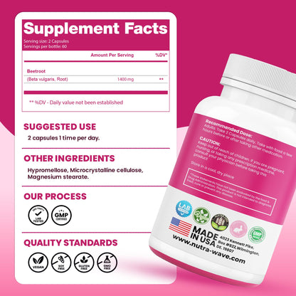 Nutra Wave 1400mg Organic Beet Root Capsules Per Serving – Nitric Oxide Booster for Men – Supports Blood Pressure, Energy, Circulation & Heart Health – Non-GMO, Vegan – 120 Capsules / 60 Day Supply - PrimeBioHealth - canada supplements