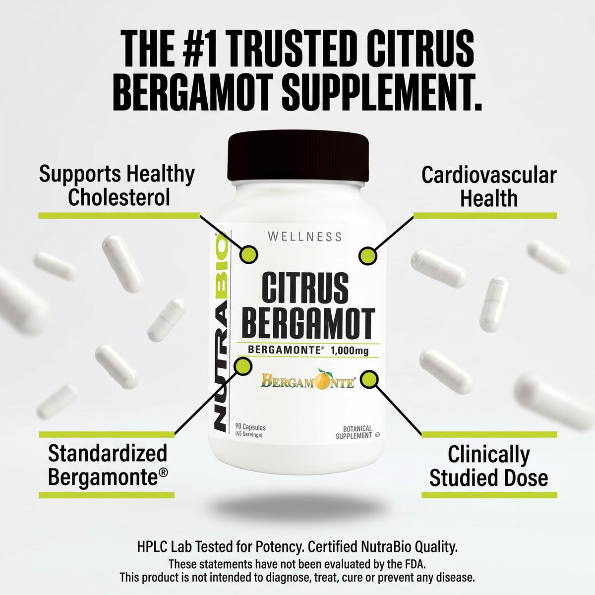 NutraBio Citrus Bergamot Bergamonte Extract Supplement, 1,000mg - May Help Promote Cardiovascular Health and Wellness, 90 Capsules - PrimeBioHealth - canada supplements