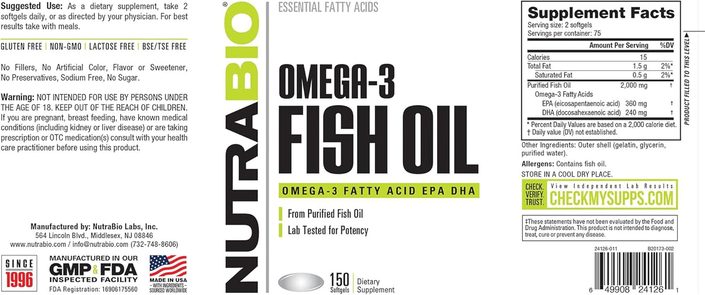 NutraBio Omega 3 Fish Oil Supplements, 2,000mg, 150 Softgels - EPA DHA Omega 3 Fatty Acid Supplement to Help Support a Healthy Heart - PrimeBioHealth - canada supplements