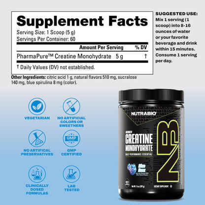 NutraBio Pure Micronized Creatine Monohydrate Powder Supplement, Blue Razz (300 g) - Supports Bulk Muscle Energy, Recovery, and Strength - HPLC Tested Creatine Powder Supplement for Men and Women - PrimeBioHealth - canada supplements