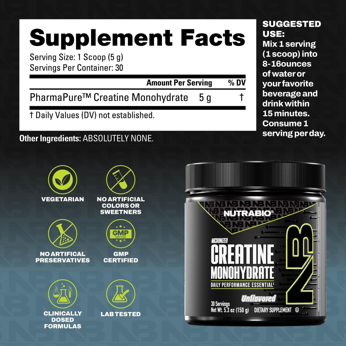 NutraBio Pure Micronized Creatine Monohydrate Powder Supplement, Unflavored, (150 g) - Supports Bulk Muscle Energy, Recovery, and Strength - HPLC Tested Creatine Powder Supplement for Men and Women - PrimeBioHealth - canada supplements