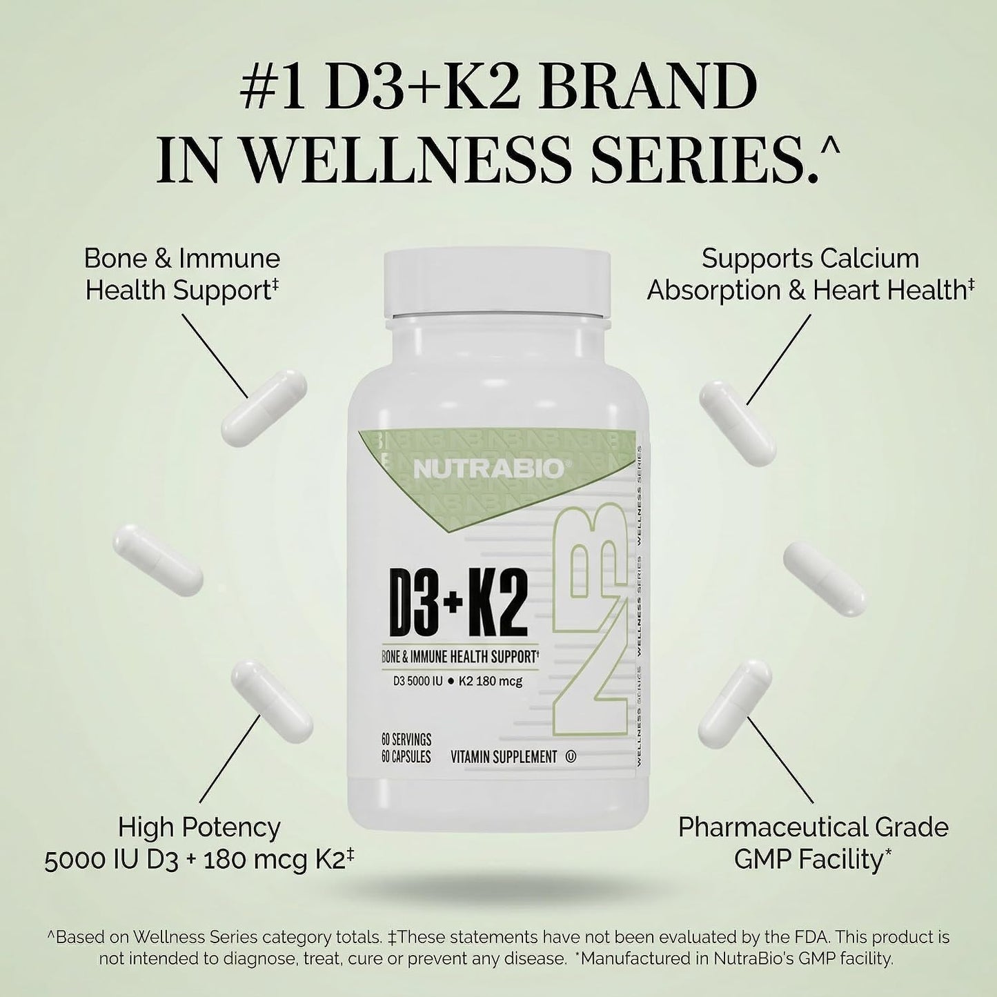 NutraBio Vitamin D3 K2 | 5000 IU D3 as Cholecalciferol with Vitamin K2 as MENA-Q MK7 (180mcg) | Support Bone and Heart Health | Non-GMO, Gluten Free, Lactose Free | 60 Vegetable Capsules - PrimeBioHealth - canada supplements