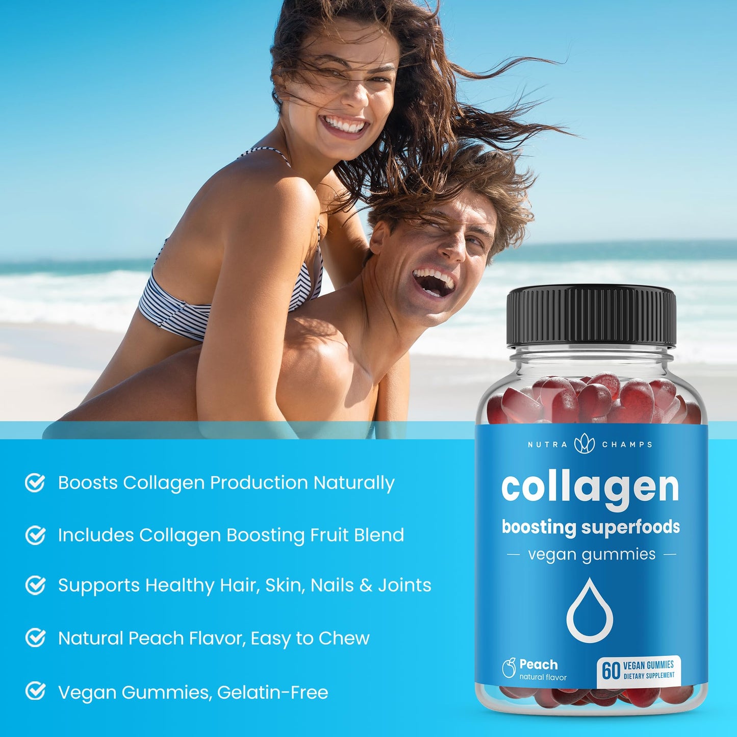 NutraChamps Collagen Boosting Gummies, Collagen Booster Gummy for Natural Collagen Production, Vegan Pectin Supplements Chews for Women & Men, - PrimeBioHealth - canada supplements