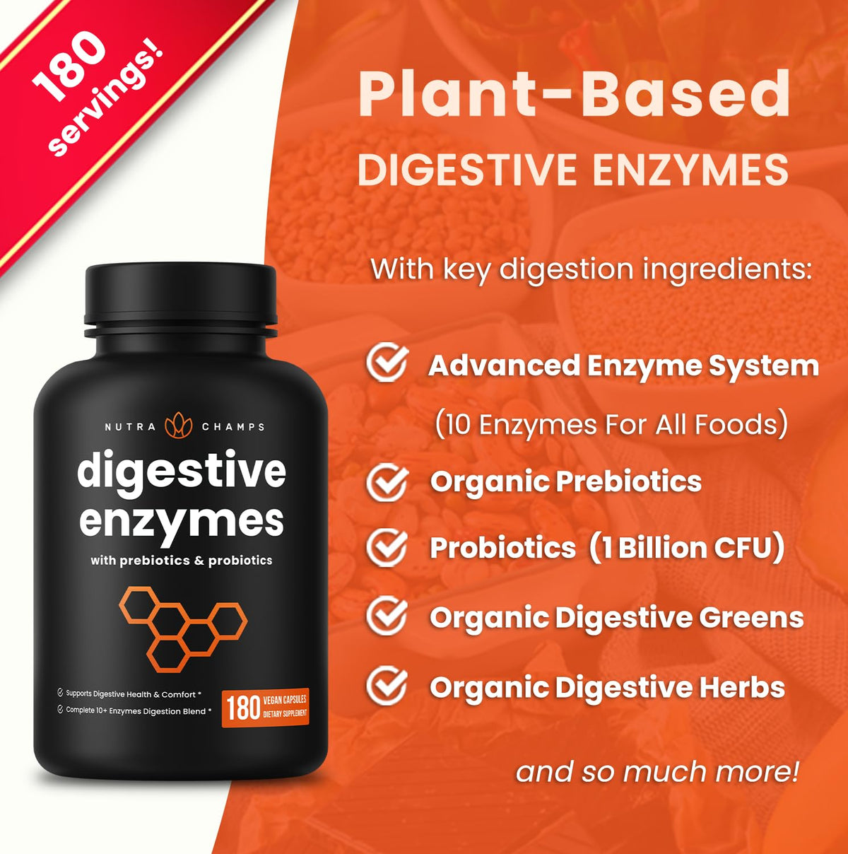 NutraChamps Digestive Enzymes with Probiotics and Prebiotics for Women & Men - 180 Vegan Capsules with Bromelain for Bloating & Optimal Gut Health - PrimeBioHealth - canada supplements