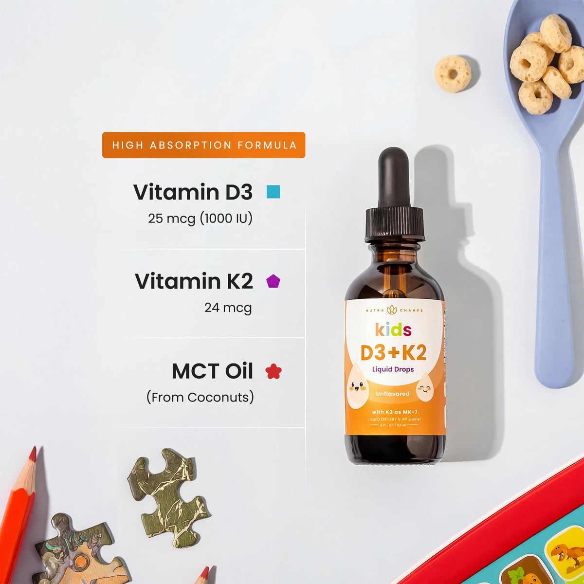NutraChamps Kids Vitamin D 3 K2 Drops, Vitamin D3 & K2 MK-7, Liquid Vitamin D for Kids 1000 IU, Healthy Bones, Heart & Immune System, - PrimeBioHealth - canada supplements