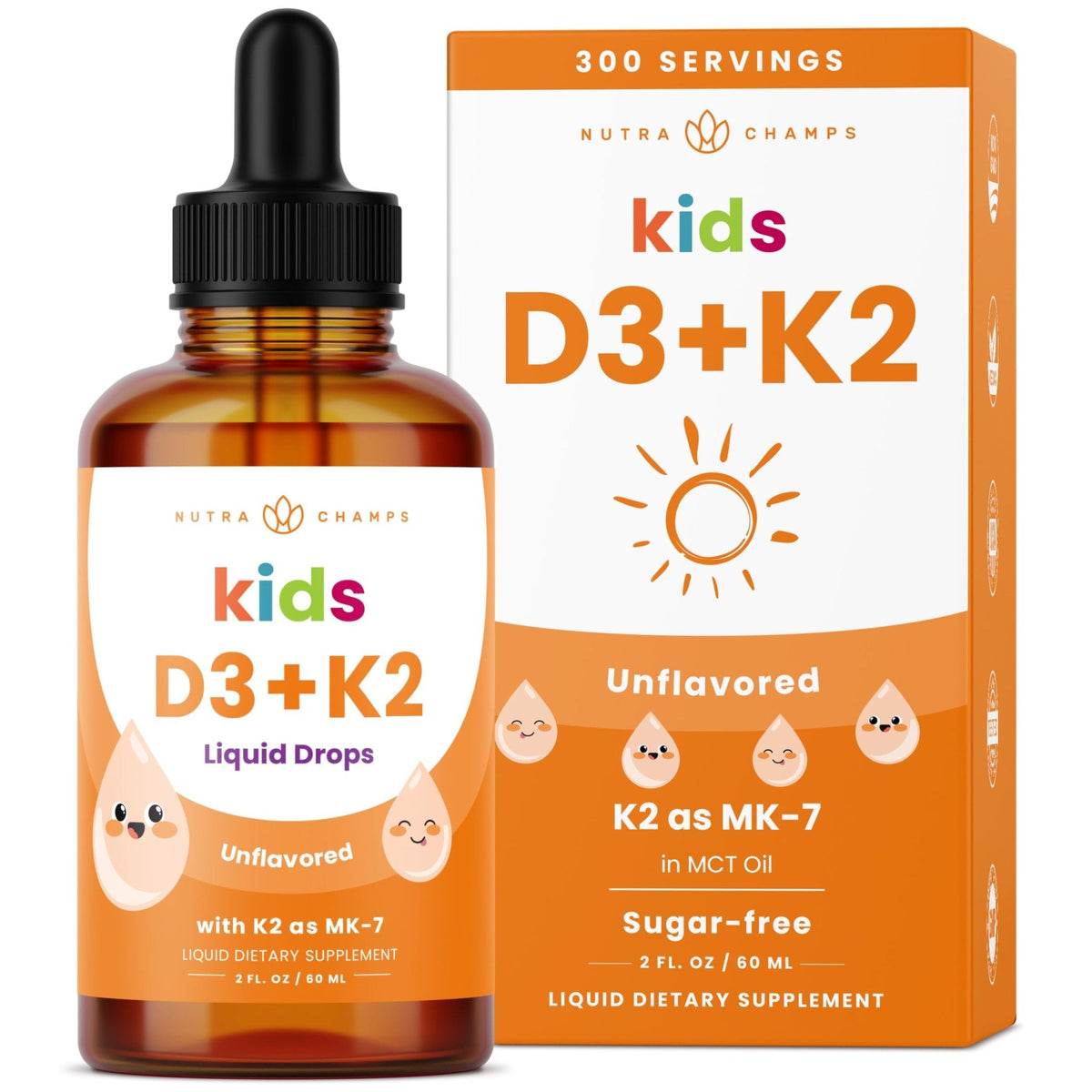NutraChamps Kids Vitamin D 3 K2 Drops, Vitamin D3 & K2 MK-7, Liquid Vitamin D for Kids 1000 IU, Healthy Bones, Heart & Immune System, - PrimeBioHealth - canada supplements