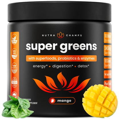 NutraChamps Super Greens Powder Premium Superfood | 20+ Organic Green Veggie Whole Foods | Wheat Grass, Spirulina, Chlorella | Antioxidant, Digestive Enzyme - PrimeBioHealth - canada supplements