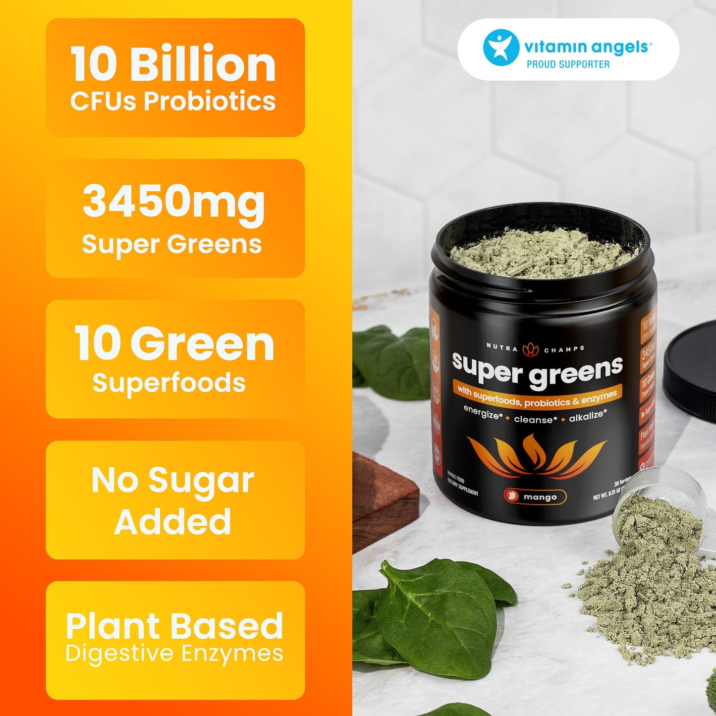 NutraChamps Super Greens Powder Premium Superfood | 20+ Organic Green Veggie Whole Foods | Wheat Grass, Spirulina, Chlorella | Antioxidant, Digestive Enzyme - PrimeBioHealth - canada supplements