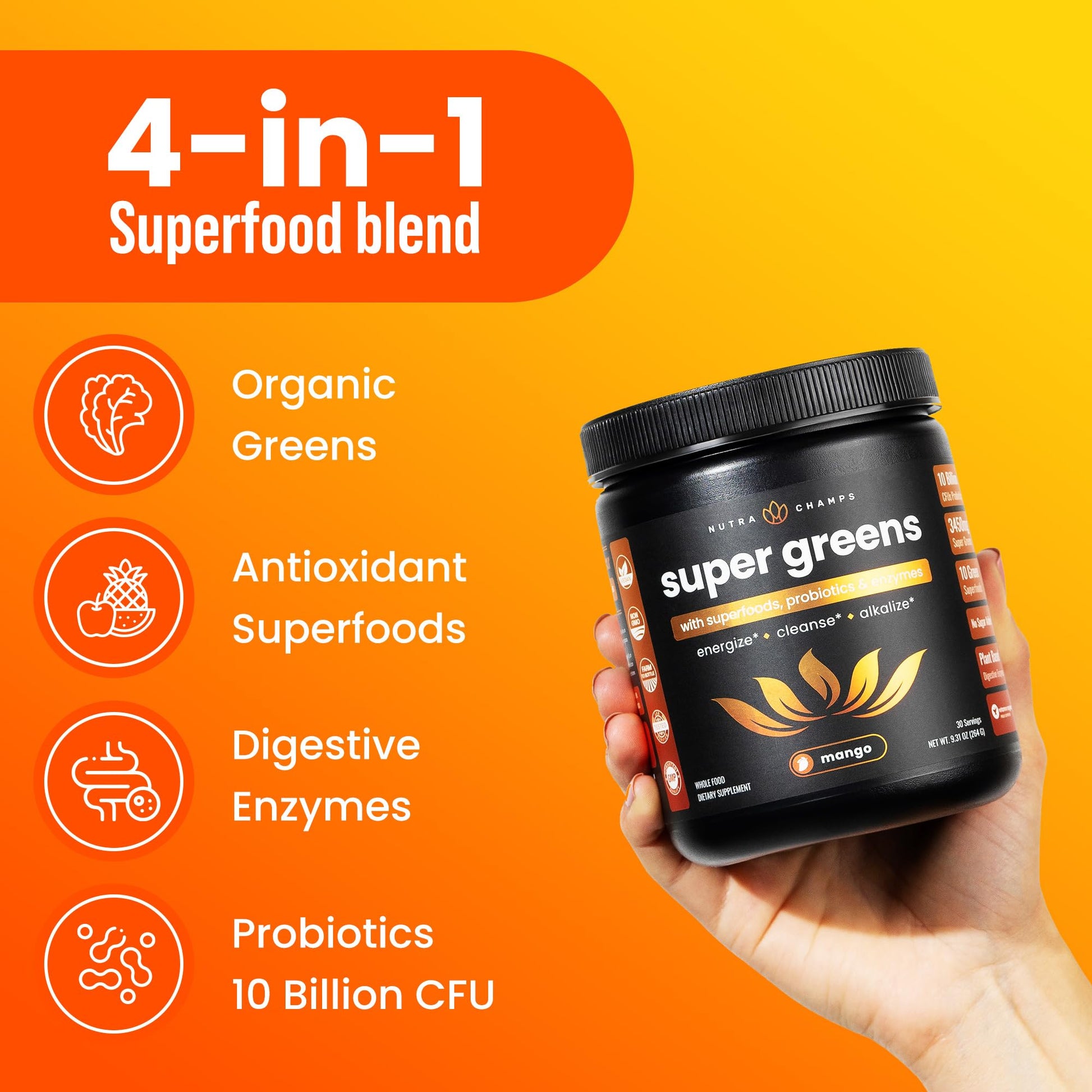 NutraChamps Super Greens Powder Premium Superfood | 20+ Organic Green Veggie Whole Foods | Wheat Grass, Spirulina, Chlorella | Antioxidant, Digestive Enzyme - PrimeBioHealth - canada supplements