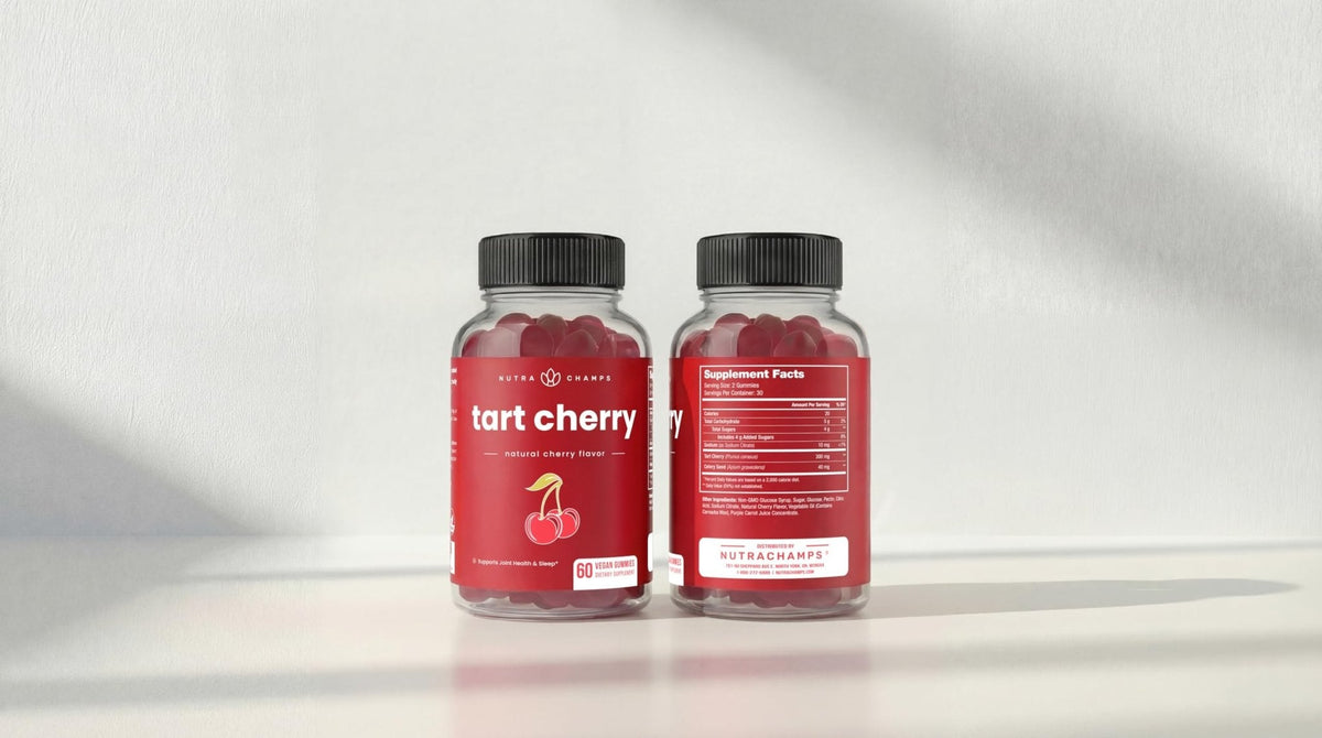 NutraChamps Tart Cherry Gummies - Tart Cherry Extract with Celery Seed - 60 Vegan Gummies (2-Pack) - PrimeBioHealth - canada supplements