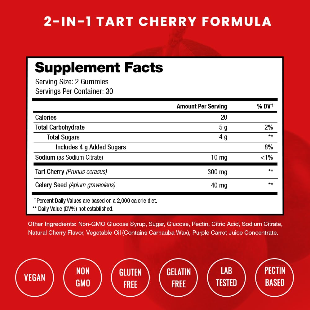 NutraChamps Tart Cherry Gummies - Tart Cherry Extract with Celery Seed - 60 Vegan Gummies (2-Pack) - PrimeBioHealth - canada supplements