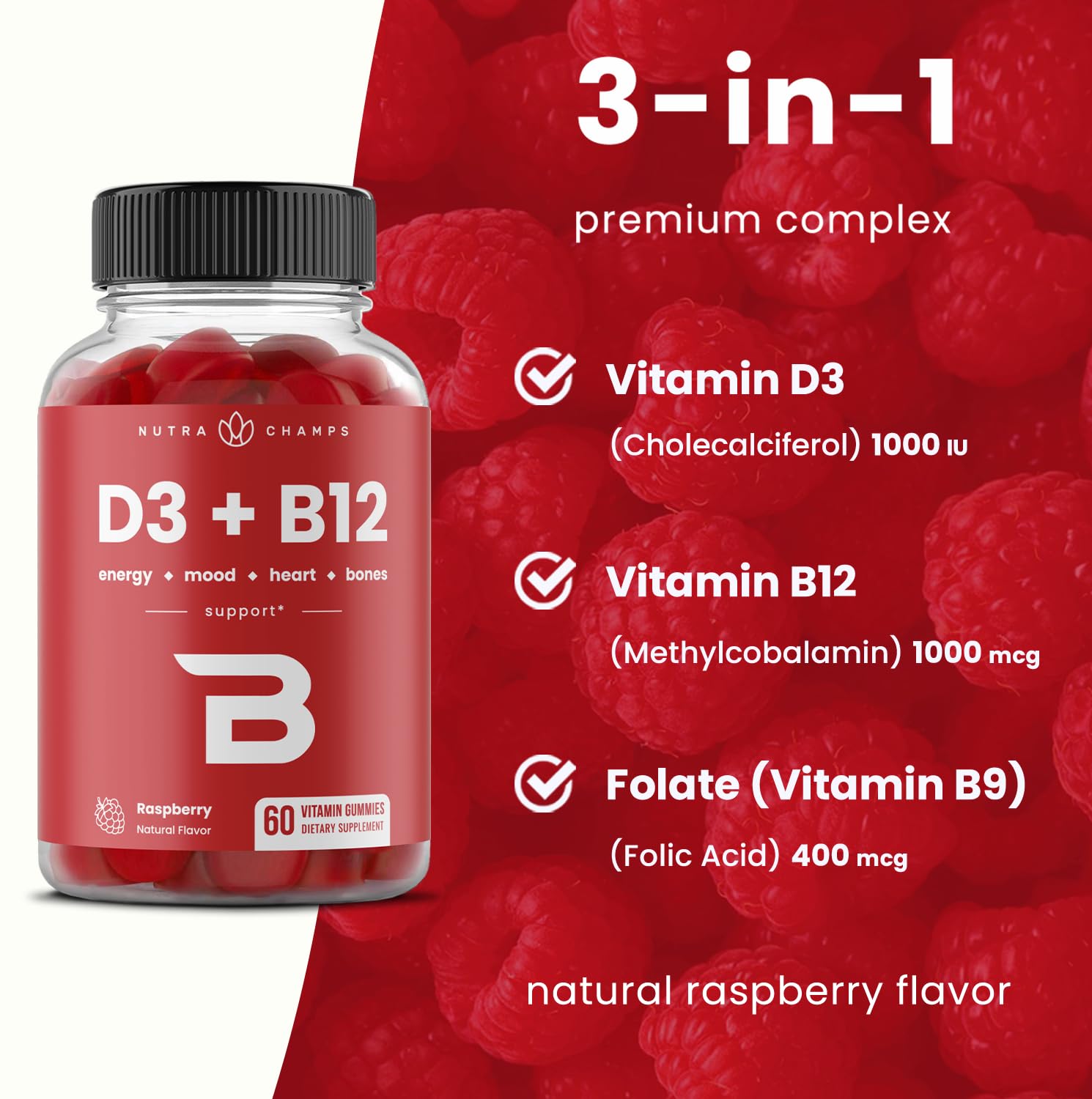 NutraChamps Vitamin D3 & B12, Methyl B12 Gummies for Adults & Kids, Enhanced with Vitamin D 3 & B9 Vitamin Folate, Natural Energy, Mood - PrimeBioHealth - canada supplements
