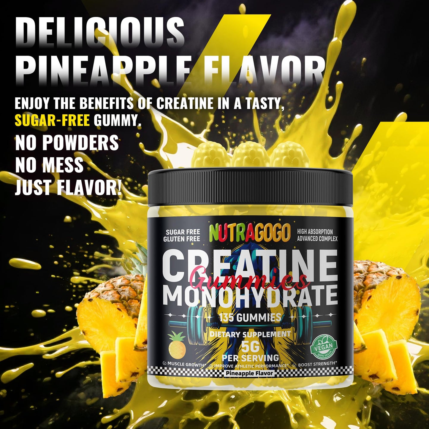 NUTRAGOGO NSF Certified Creatine Gummy - Creatine Monohydrate Gummies for Men & Women-5g of Creatine Monohydrate per Serving - Sugar Free,Vegan, Pineapple Electrolyte Chews, 135 Count - PrimeBioHealth - canada supplements