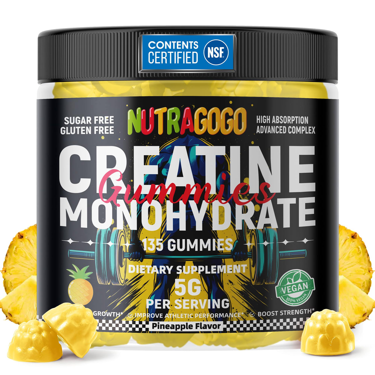 NUTRAGOGO NSF Certified Creatine Gummy - Creatine Monohydrate Gummies for Men & Women-5g of Creatine Monohydrate per Serving - Sugar Free,Vegan, Pineapple Electrolyte Chews, 135 Count - PrimeBioHealth - canada supplements