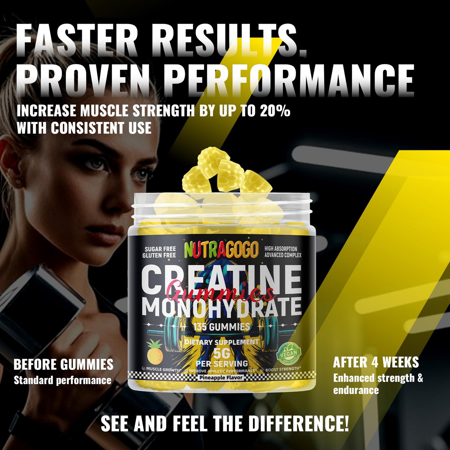 NUTRAGOGO NSF Certified Creatine Gummy - Creatine Monohydrate Gummies for Men & Women-5g of Creatine Monohydrate per Serving - Sugar Free,Vegan, Pineapple Electrolyte Chews, 135 Count - PrimeBioHealth - canada supplements
