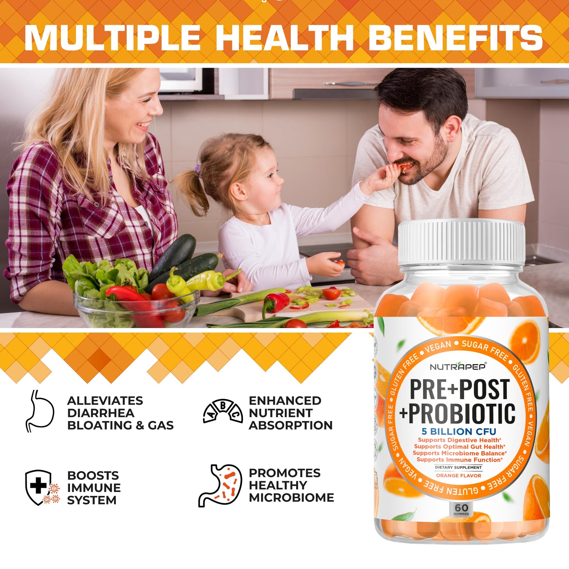 NutraPep Prebiotic Probiotic & Postbiotic Gummies for Women Men & Kids Children - High Potency 5 Billion CFU - Sugar-Free & Gluten 60 Count (Pack of 2) - PrimeBioHealth - canada supplements