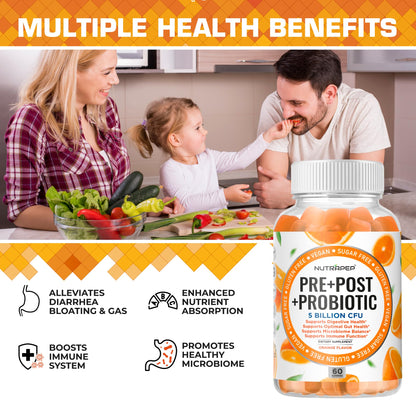 NutraPep Prebiotic Probiotic & Postbiotic Gummies for Women Men & Kids Children - High Potency 5 Billion CFU - Sugar-Free & Gluten 60 Count (Pack of 2) - PrimeBioHealth - canada supplements