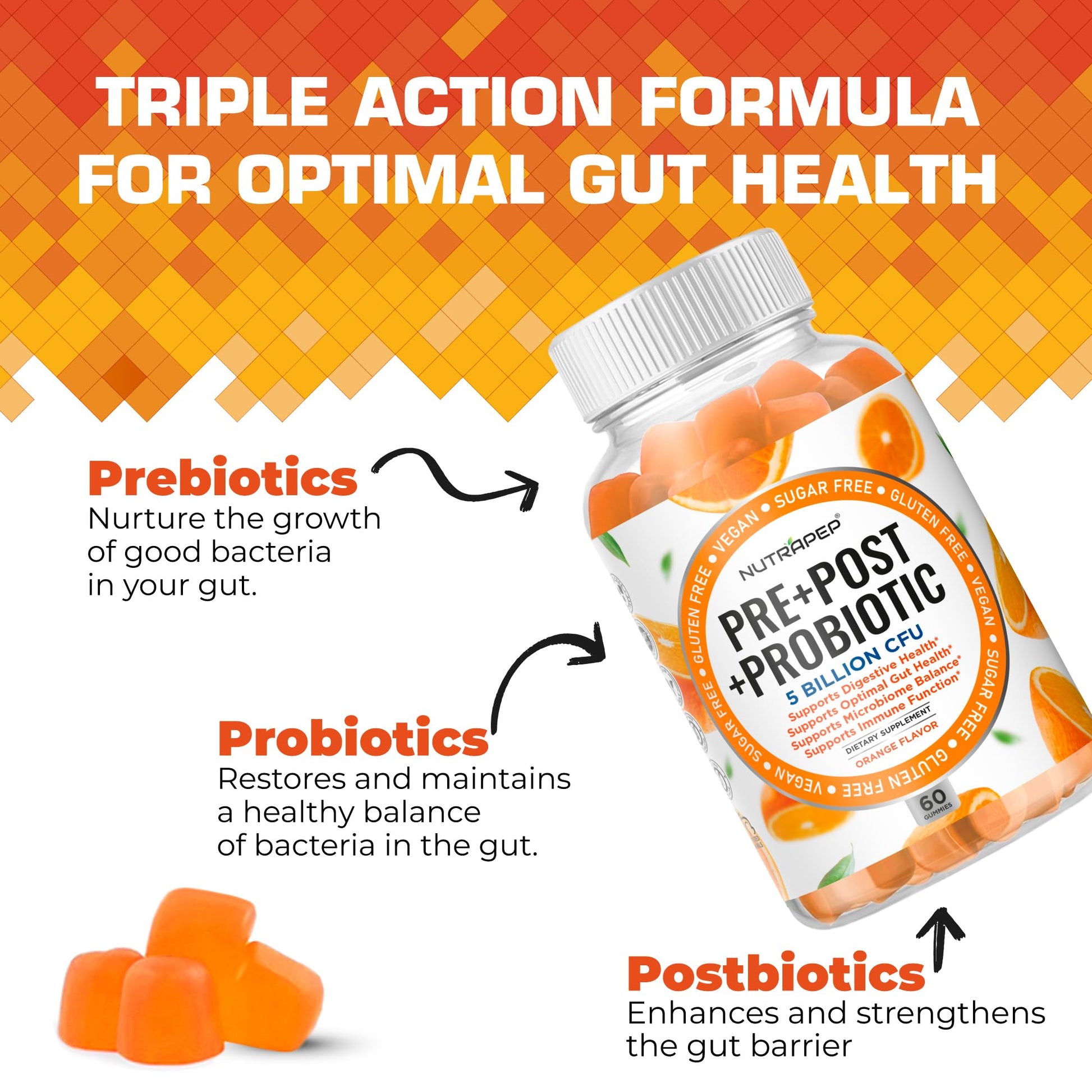 NutraPep Prebiotic Probiotic & Postbiotic Gummies for Women Men & Kids Children - High Potency 5 Billion CFU - Sugar-Free & Gluten 60 Count (Pack of 2) - PrimeBioHealth - canada supplements