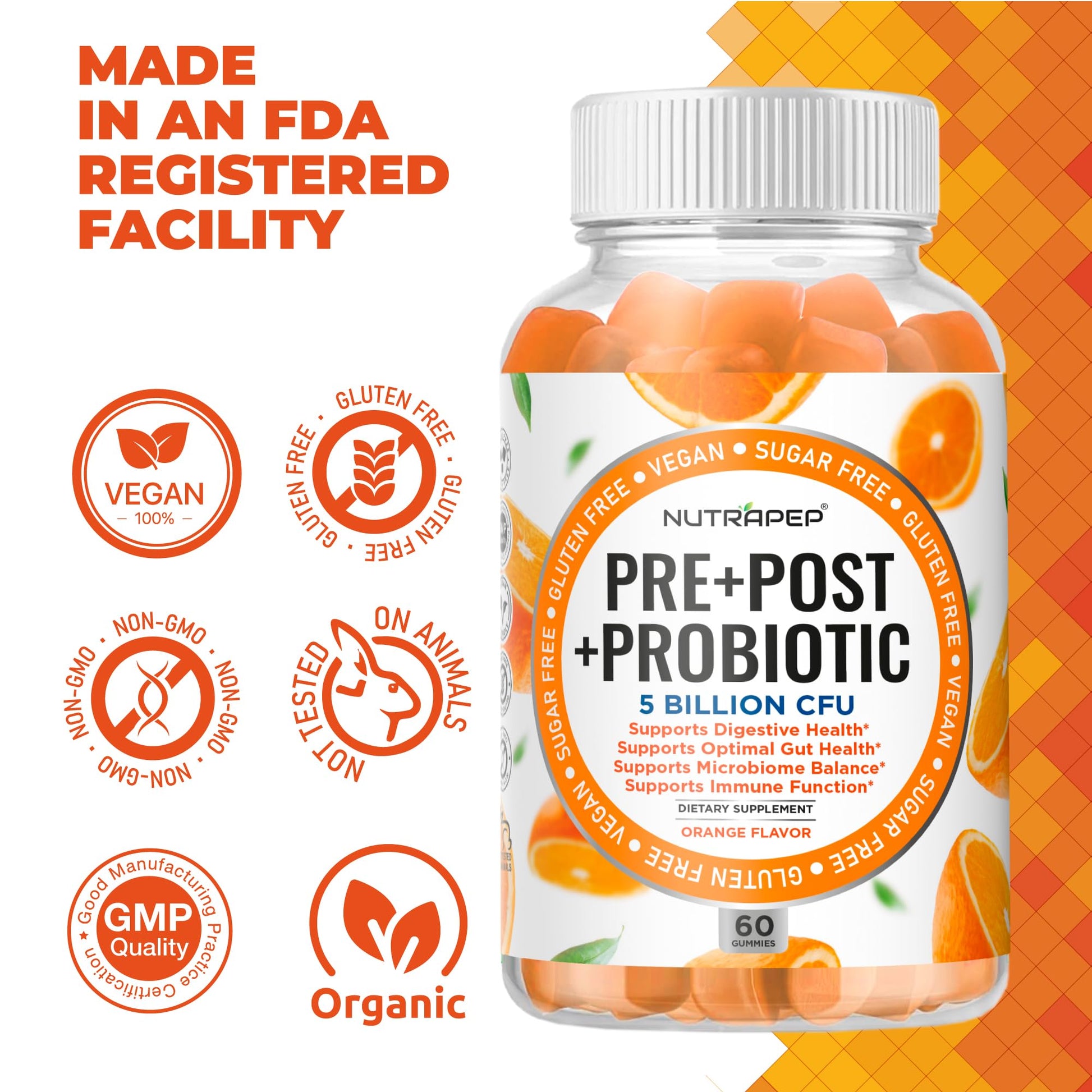 NutraPep Prebiotic Probiotic & Postbiotic Gummies for Women Men & Kids Children - High Potency 5 Billion CFU - Sugar-Free & Gluten 60 Count (Pack of 2) - PrimeBioHealth - canada supplements