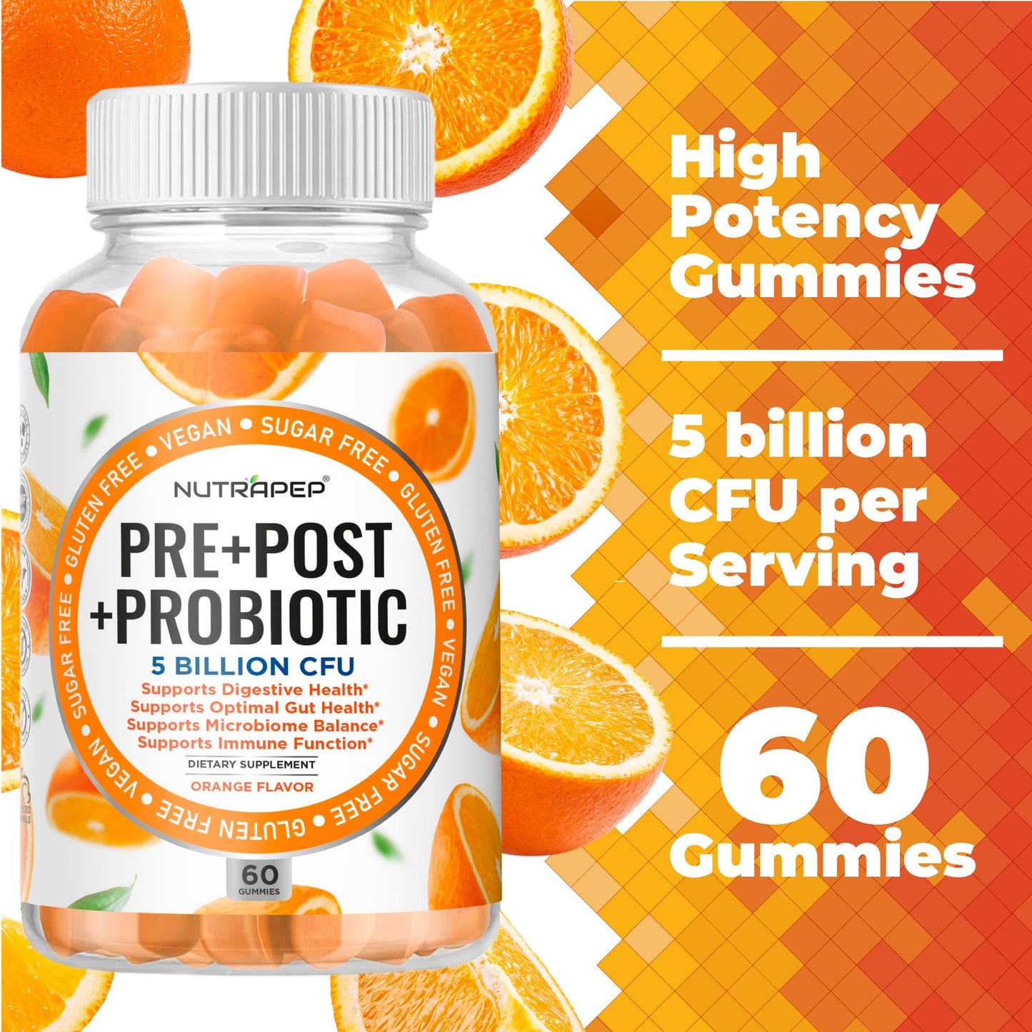 NutraPep Prebiotic Probiotic & Postbiotic Gummies for Women Men & Kids Children - High Potency 5 Billion CFU - Sugar-Free & Gluten 60 Count (Pack of 2) - PrimeBioHealth - canada supplements