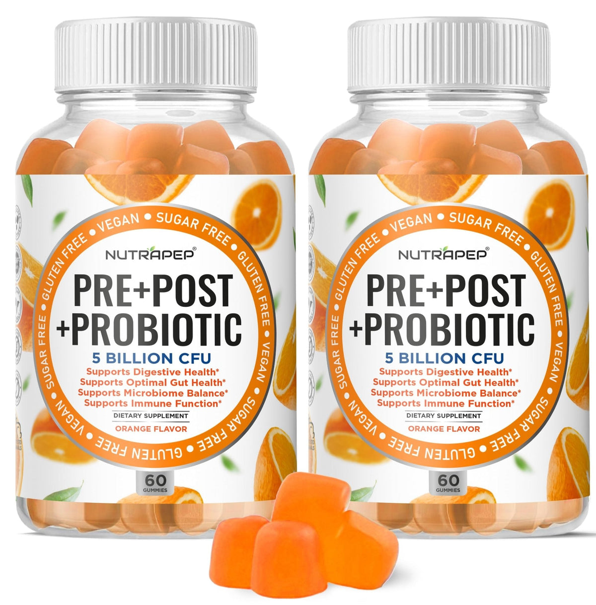 NutraPep Prebiotic Probiotic & Postbiotic Gummies for Women Men & Kids Children - High Potency 5 Billion CFU - Sugar-Free & Gluten 60 Count (Pack of 2) - PrimeBioHealth - canada supplements