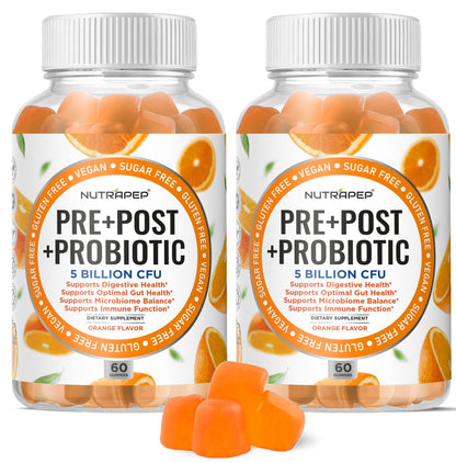 NutraPep Prebiotic Probiotic & Postbiotic Gummies for Women Men & Kids Children - High Potency 5 Billion CFU - Sugar-Free & Gluten 60 Count (Pack of 2) - PrimeBioHealth - canada supplements