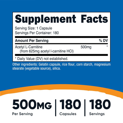Nutricost Acetyl L-Carnitine (ALCAR) 500mg, 180 Capsules, 180 Servings - Non-GMO and Gluten Free, 1 Capsule per Serving - PrimeBioHealth - canada supplements