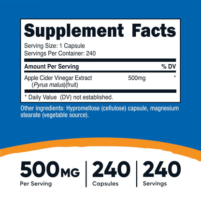 Nutricost Apple Cider Vinegar Capsules 500mg, 240 Vegetarian Capsules - Natural, Vegetarian, GMP, Non-GMO and Gluten Free - PrimeBioHealth - canada supplements