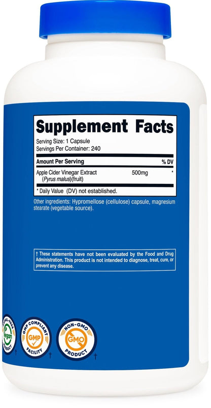 Nutricost Apple Cider Vinegar Capsules 500mg, 240 Vegetarian Capsules - Natural, Vegetarian, GMP, Non-GMO and Gluten Free - PrimeBioHealth - canada supplements