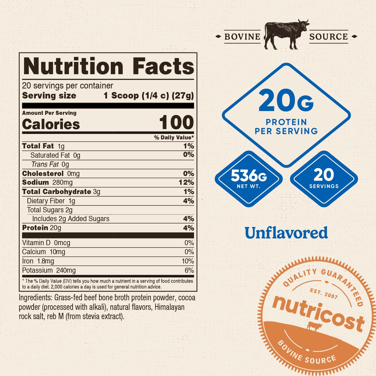 Nutricost Beef Bone Broth Protein Powder Chocolate (20 Servings) - Gluten-Free, GMO-Free - PrimeBioHealth - canada supplements