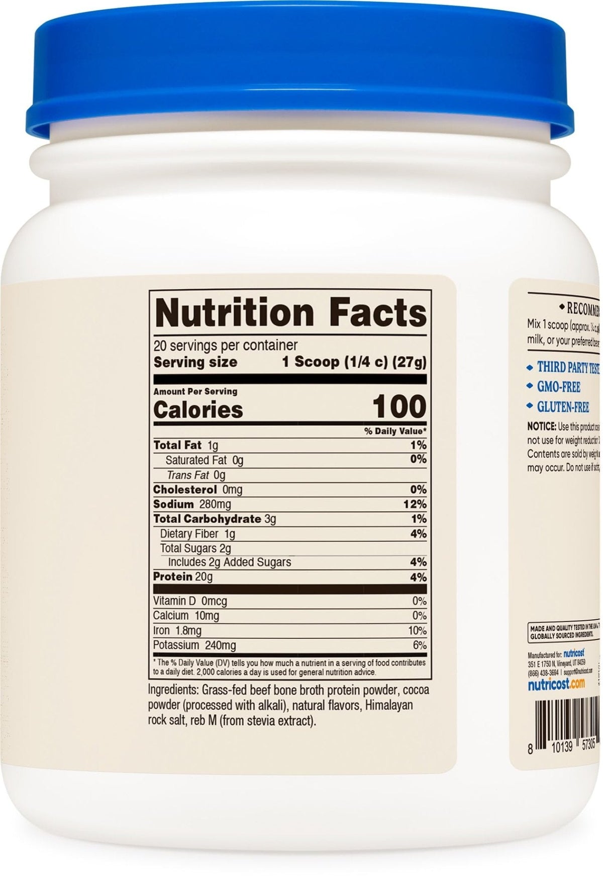 Nutricost Beef Bone Broth Protein Powder Chocolate (20 Servings) - Gluten-Free, GMO-Free - PrimeBioHealth - canada supplements