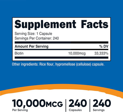 Nutricost Biotin (Vitamin B7) 10,000mcg (10mg) Vitamin Supplement, 240 Capsules - Vegetarian, Gluten Free, Quick Release, Non-GMO - PrimeBioHealth - canada supplements