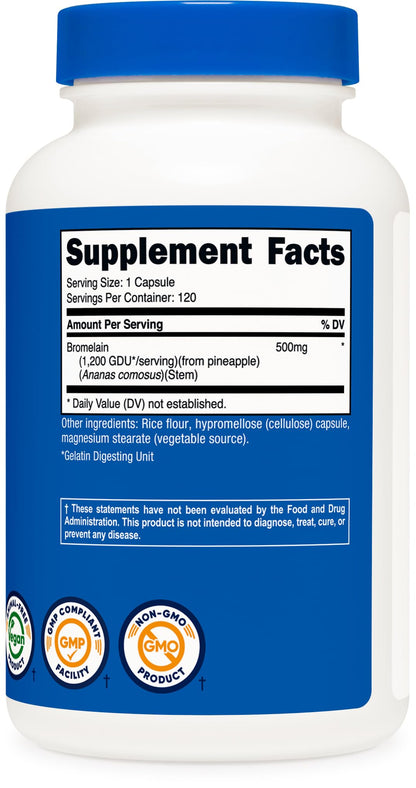 Nutricost Bromelain 500mg, 120 Vegetarian Capsules - Bromelain (1200 GDU), Non-GMO, Gluten Free - PrimeBioHealth - canada supplements