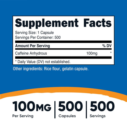 Nutricost Caffeine Pills 100mg Per Serving, 250 Capsules - PrimeBioHealth - canada supplements