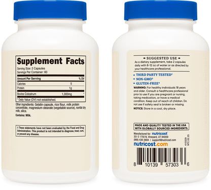 Nutricost Colostrum 1000mg, 120 Capsules - Gluten Free & GMO Free, 60 Servings - PrimeBioHealth - canada supplements