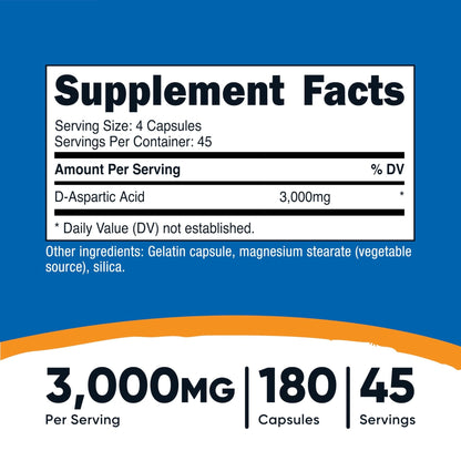 Nutricost D-Aspartic Acid (DAA) Capsules 3000mg Per Serving (180 Capsules) - Non-GMO - PrimeBioHealth - canada supplements