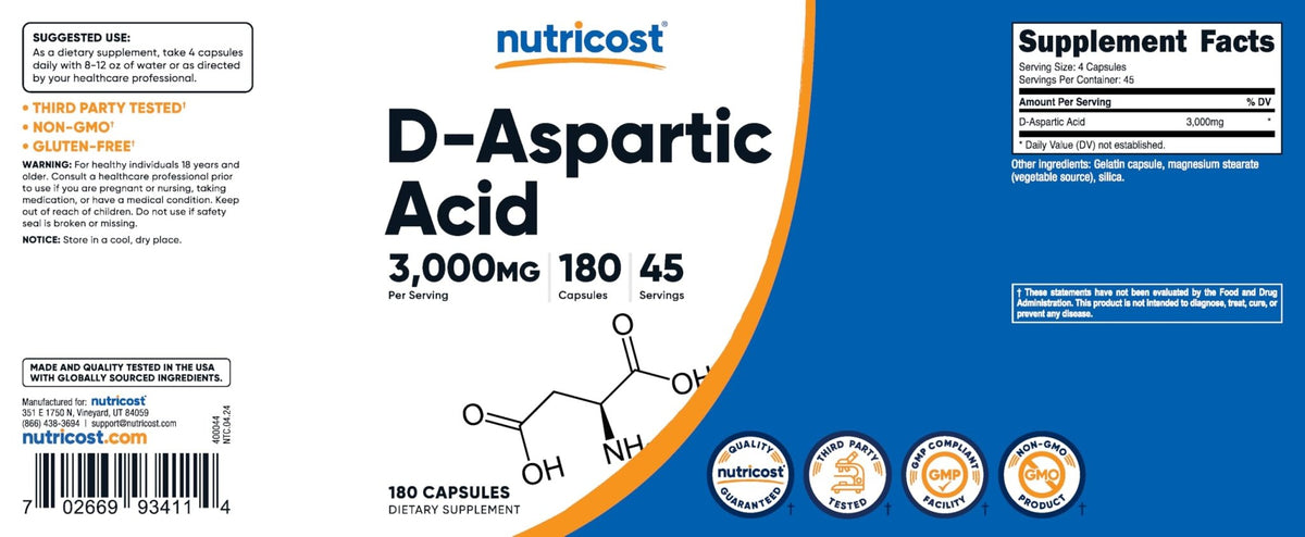 Nutricost D-Aspartic Acid (DAA) Capsules 3000mg Per Serving (180 Capsules) - Non-GMO - PrimeBioHealth - canada supplements
