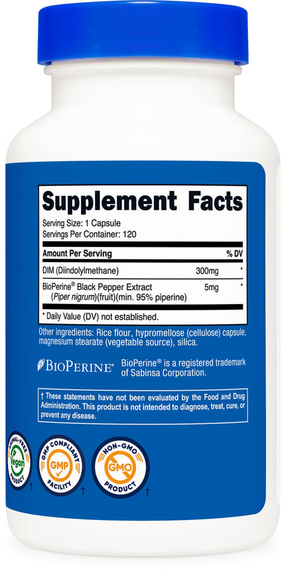 Nutricost DIM (Diindolylmethane) Plus BioPerine 300mg, 120 Vegetarian Capsules - Up to 4 Month Supply, Max Strength DIM Supplement - PrimeBioHealth - canada supplements